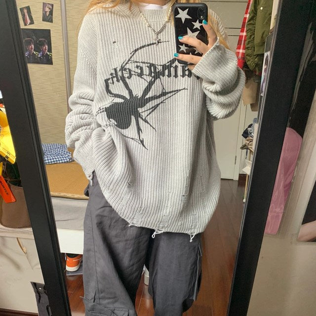 Milang girl Spider Print Harajuku Sweater Women Gothic Vintage Ripped Grunge Jumper Streetwear Korean Oversize Hiphop Pullover