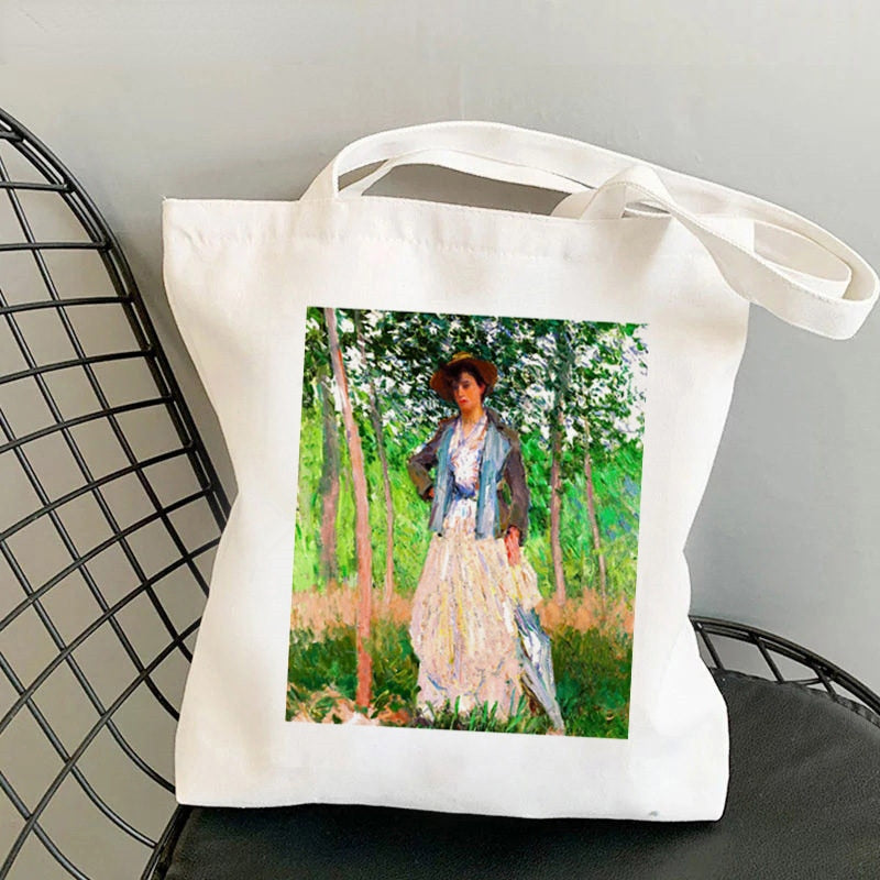 Women Shopper Bag Soft Monet Collage Printed Kawaii Bag Harajuku Shopping Canvas Shopper Bag Girl Handbag Tote Shoulder Lady Bag