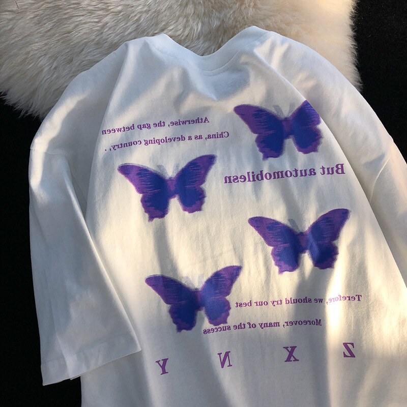 American Dark Butterfly Print Sweet Cool Oversized Cotton Women T-shirt Summer Vintage Gothic Punk Harajuku Y2K Unisex T-shirt