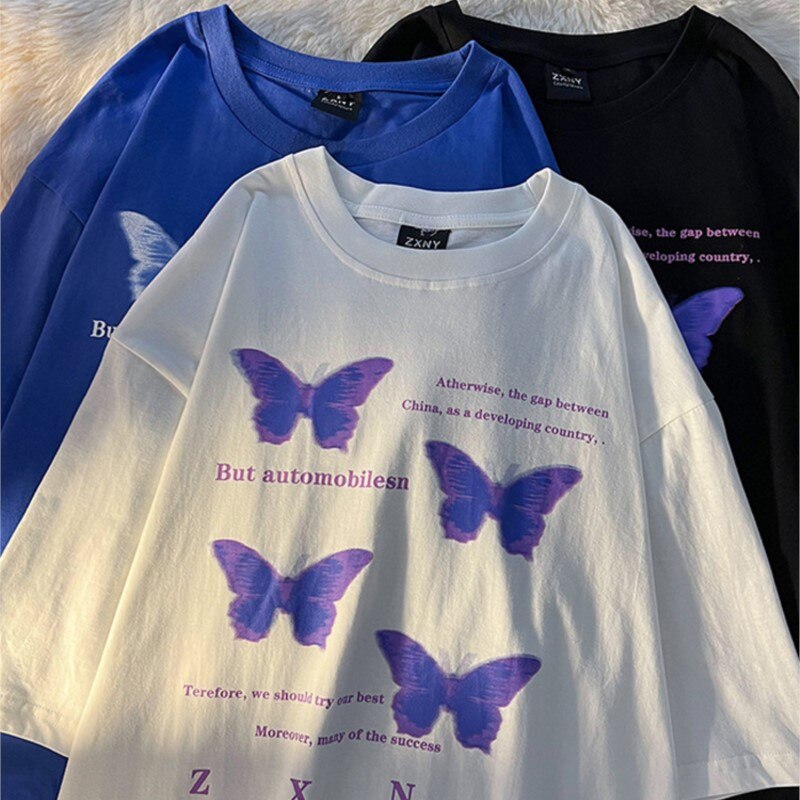 American Dark Butterfly Print Sweet Cool Oversized Cotton Women T-shirt Summer Vintage Gothic Punk Harajuku Y2K Unisex T-shirt